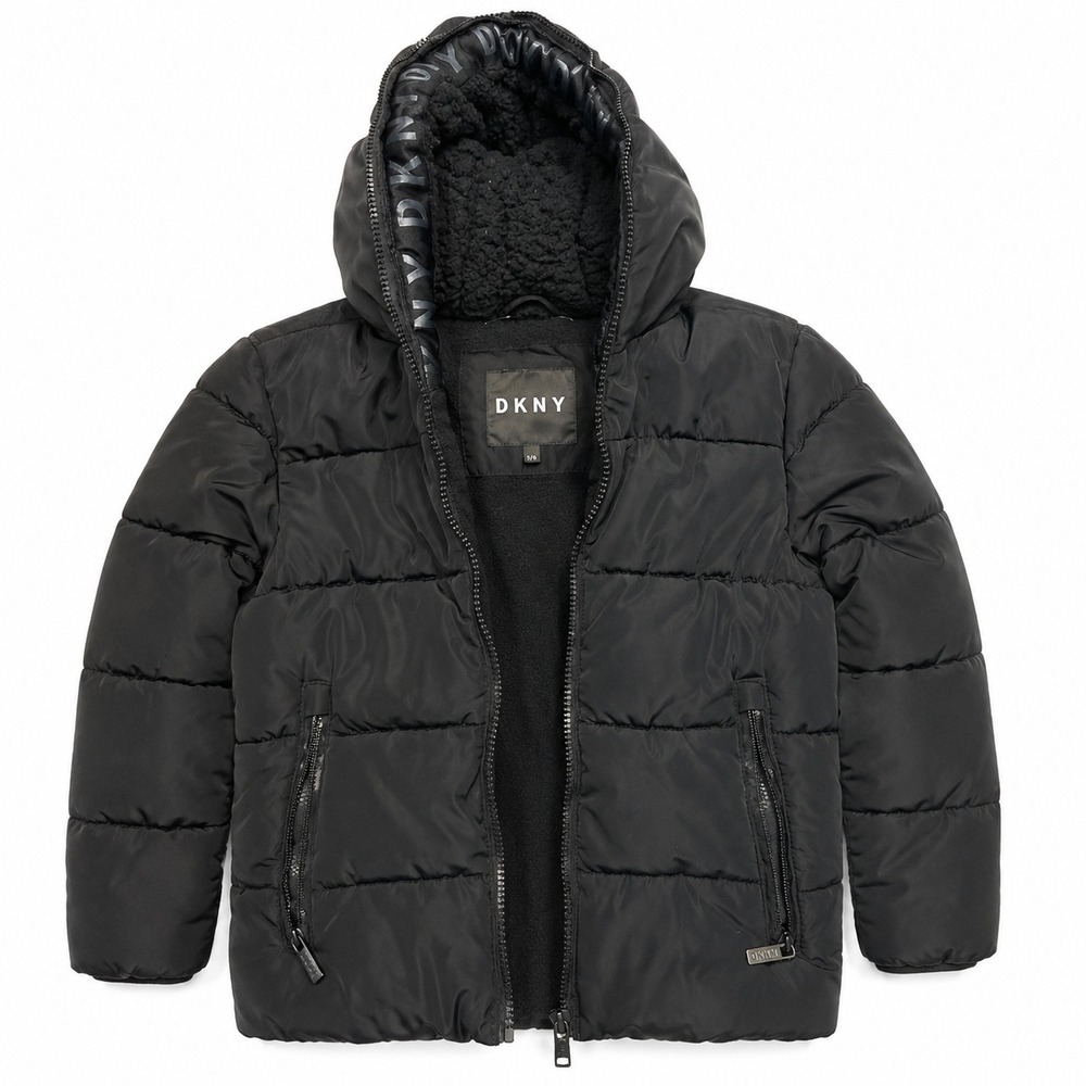 DKNY Boys Black Puffer Jacket Size 5/6 Fleece Lined Hooded Winter Coat